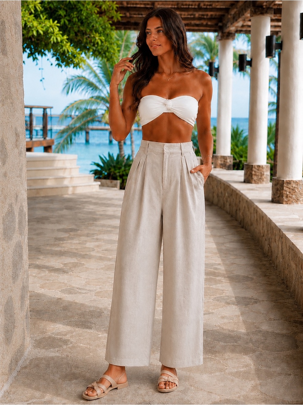 Gap Size 4 High Rise Wide Leg Pleated Linen Blend Pants Beige